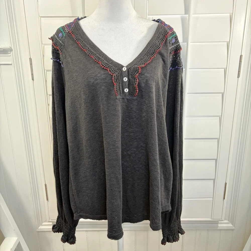 Free People Siesta Fiesta Colorful Embroidered Long Sleeve Shirt (M)